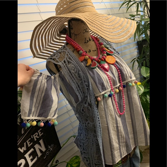 Promesa Striped Off Shoulder Top with Pom Poms. - Picture 9 of 15